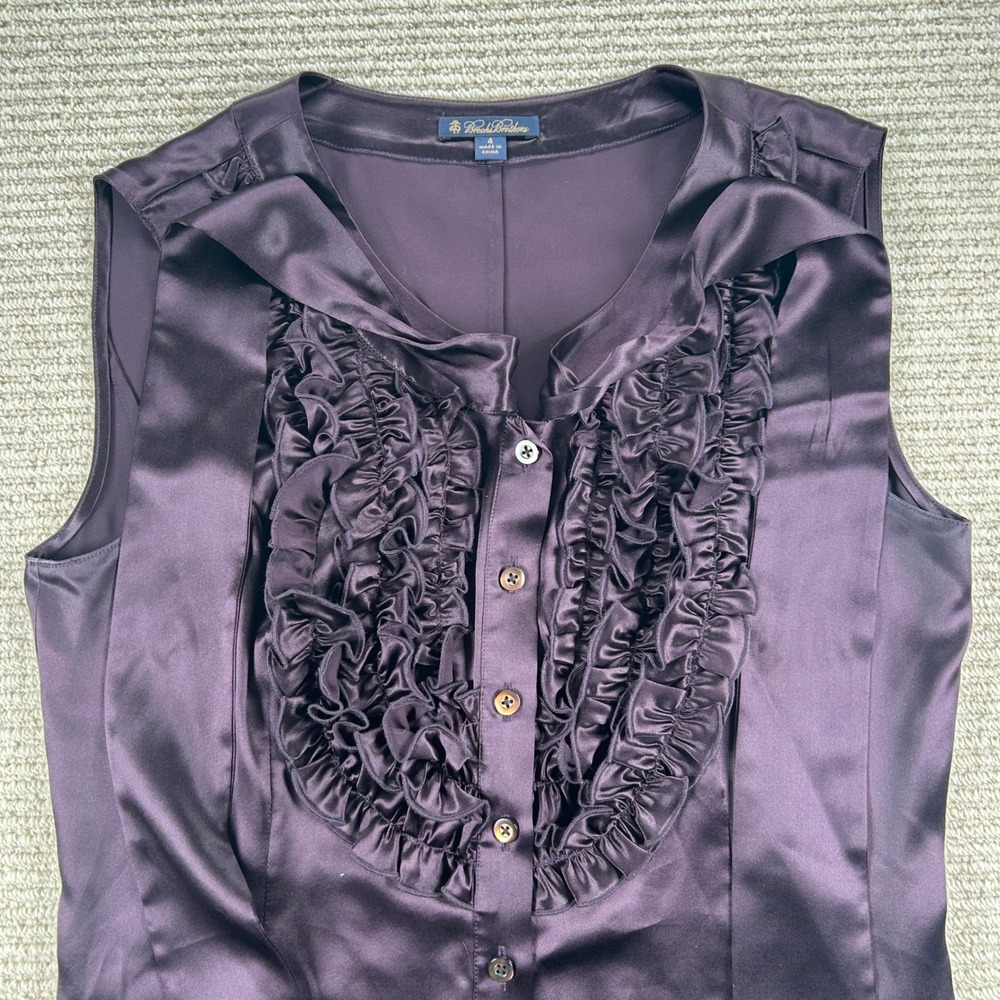 Brooks Brothers Silk Ruffle Front Tie‎ Neck Top Womens 4 Purple Sleeveless Satin - Picture 4 of 13